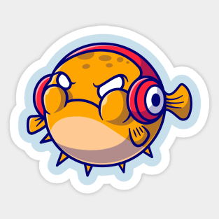 Cute Puffer Fish Angry And Wearing Headphone Cartoon Sticker